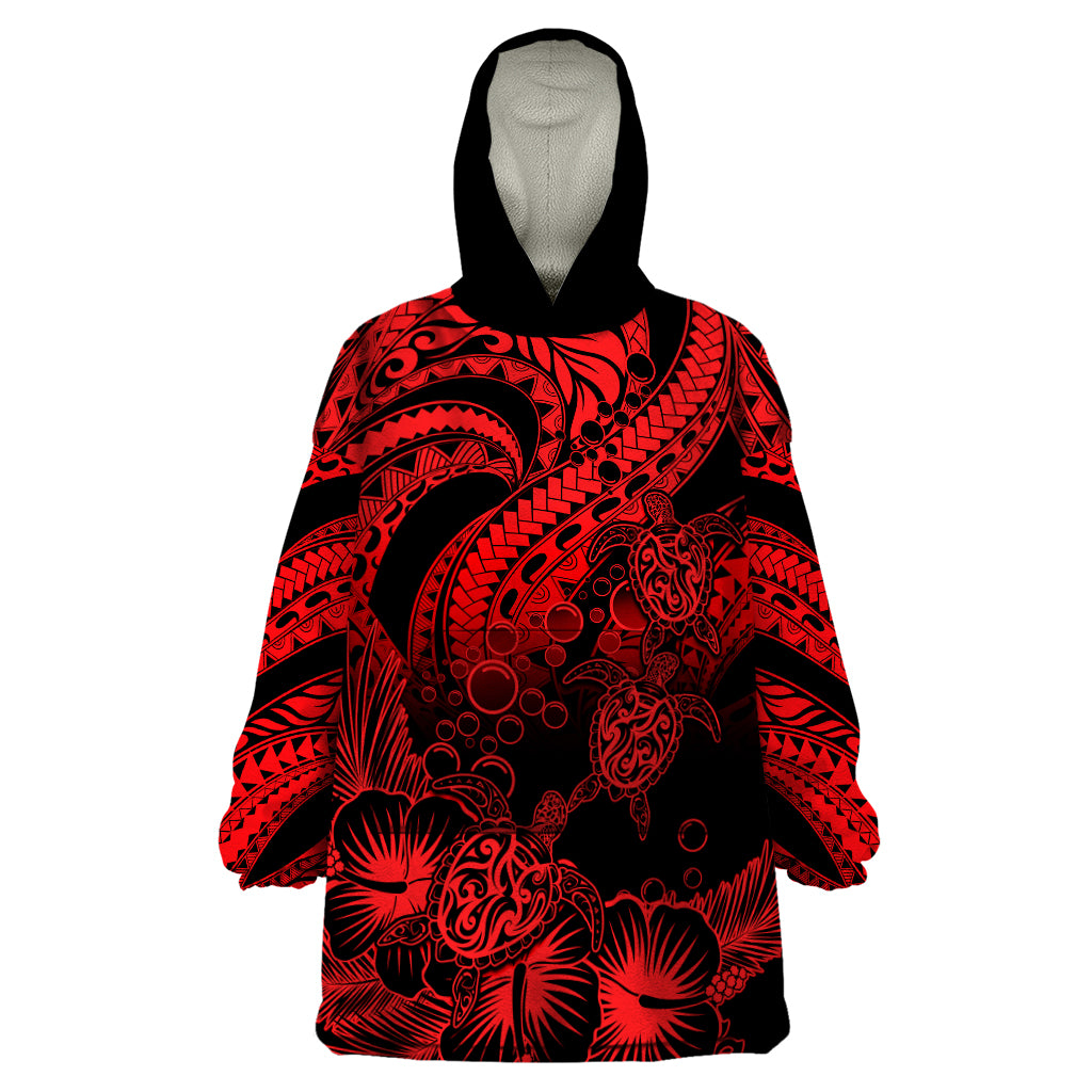 Personalised Polynesian Wearable Blanket Hoodie Tribal Honu Turtle with Hibiscus Red Version - Wonder Print Shop