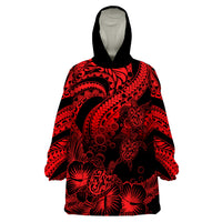 Personalised Polynesian Wearable Blanket Hoodie Tribal Honu Turtle with Hibiscus Red Version - Wonder Print Shop
