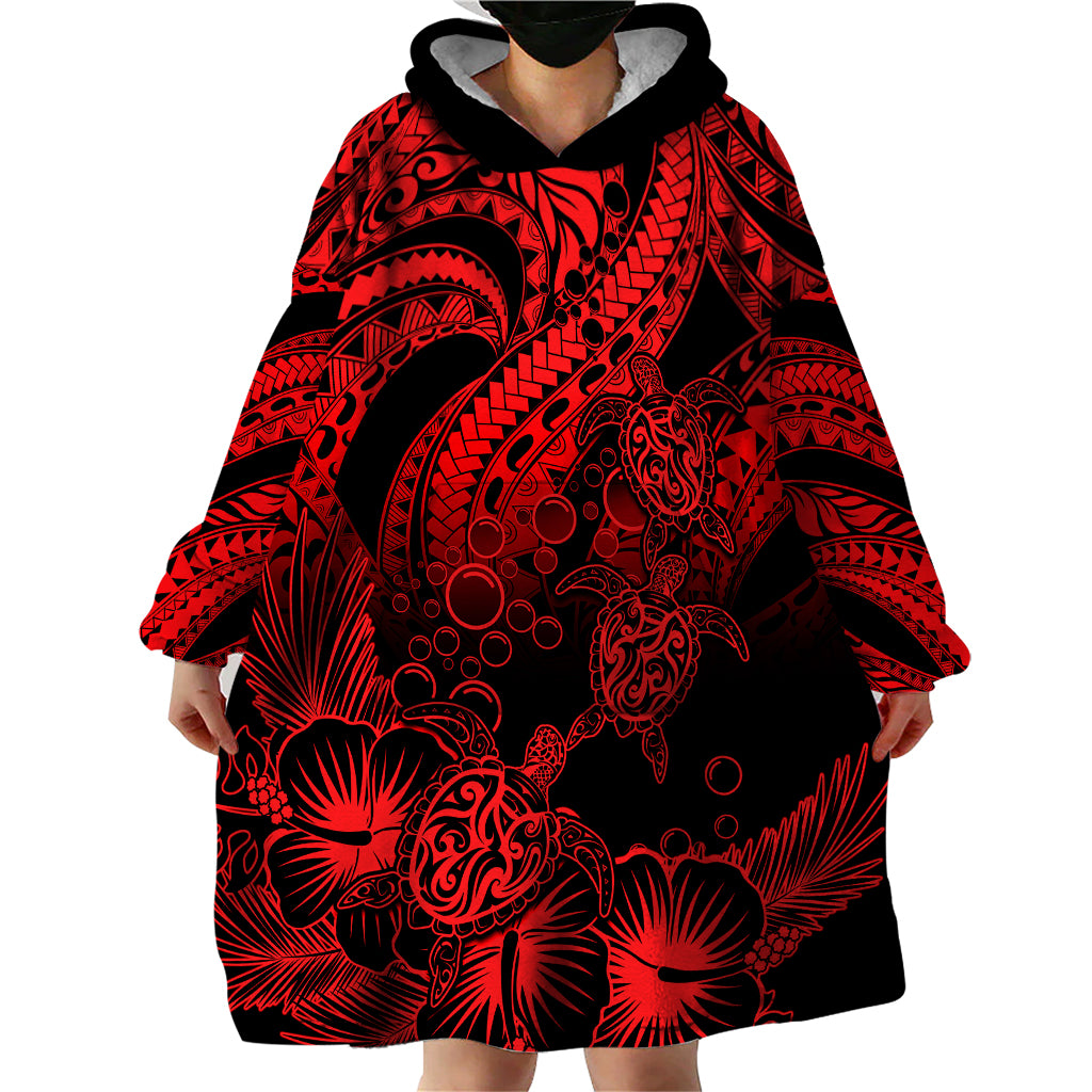Personalised Polynesian Wearable Blanket Hoodie Tribal Honu Turtle with Hibiscus Red Version - Wonder Print Shop