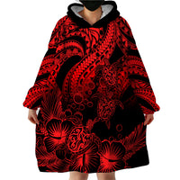 Personalised Polynesian Wearable Blanket Hoodie Tribal Honu Turtle with Hibiscus Red Version - Wonder Print Shop