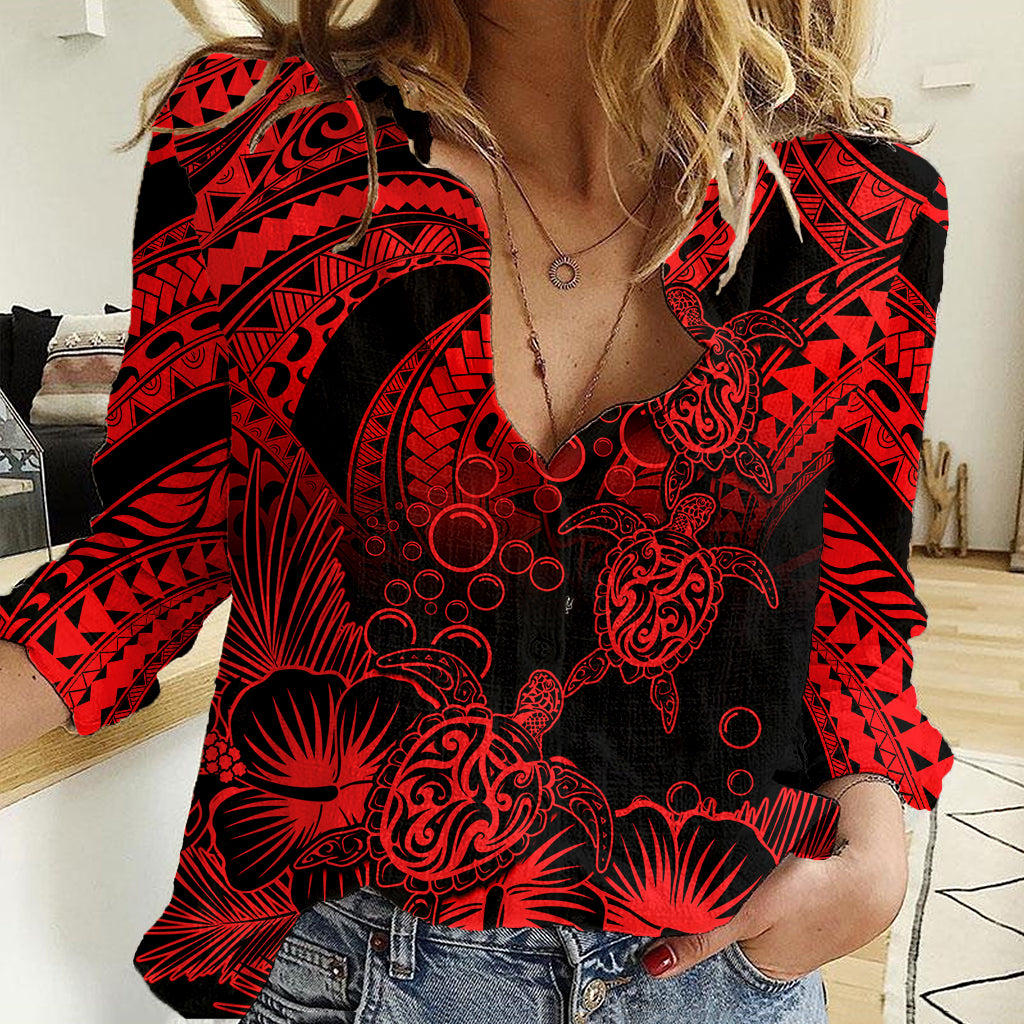 Personalised Polynesian Women Casual Shirt Tribal Honu Turtle with Hibiscus Red Version - Wonder Print Shop