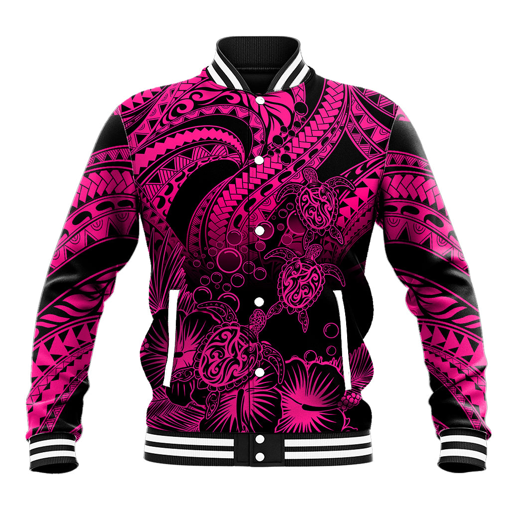 Personalised Polynesian Baseball Jacket Tribal Honu Turtle with Hibiscus Pink Version - Wonder Print Shop