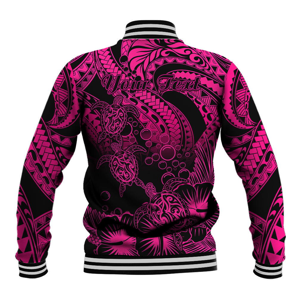 Personalised Polynesian Baseball Jacket Tribal Honu Turtle with Hibiscus Pink Version - Wonder Print Shop