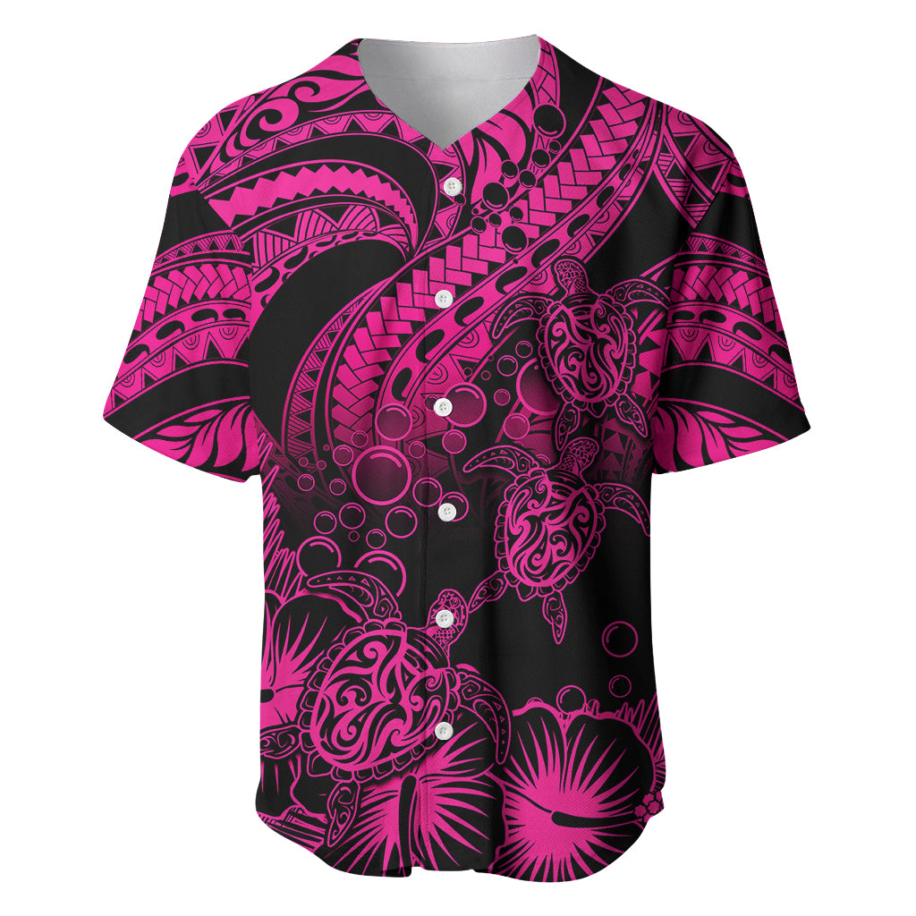 Personalised Polynesian Baseball Jersey Tribal Honu Turtle with Hibiscus Pink Version - Wonder Print Shop