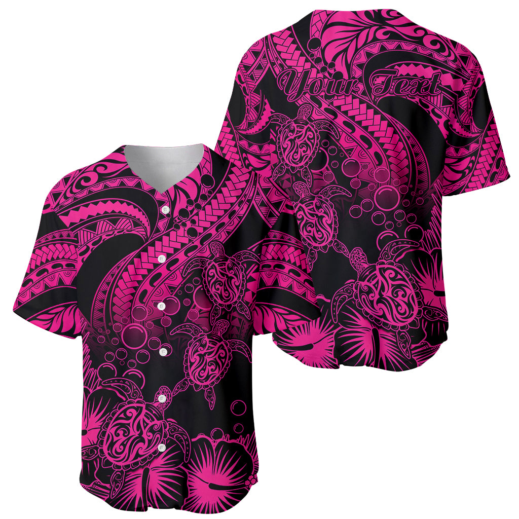 Personalised Polynesian Baseball Jersey Tribal Honu Turtle with Hibiscus Pink Version - Wonder Print Shop