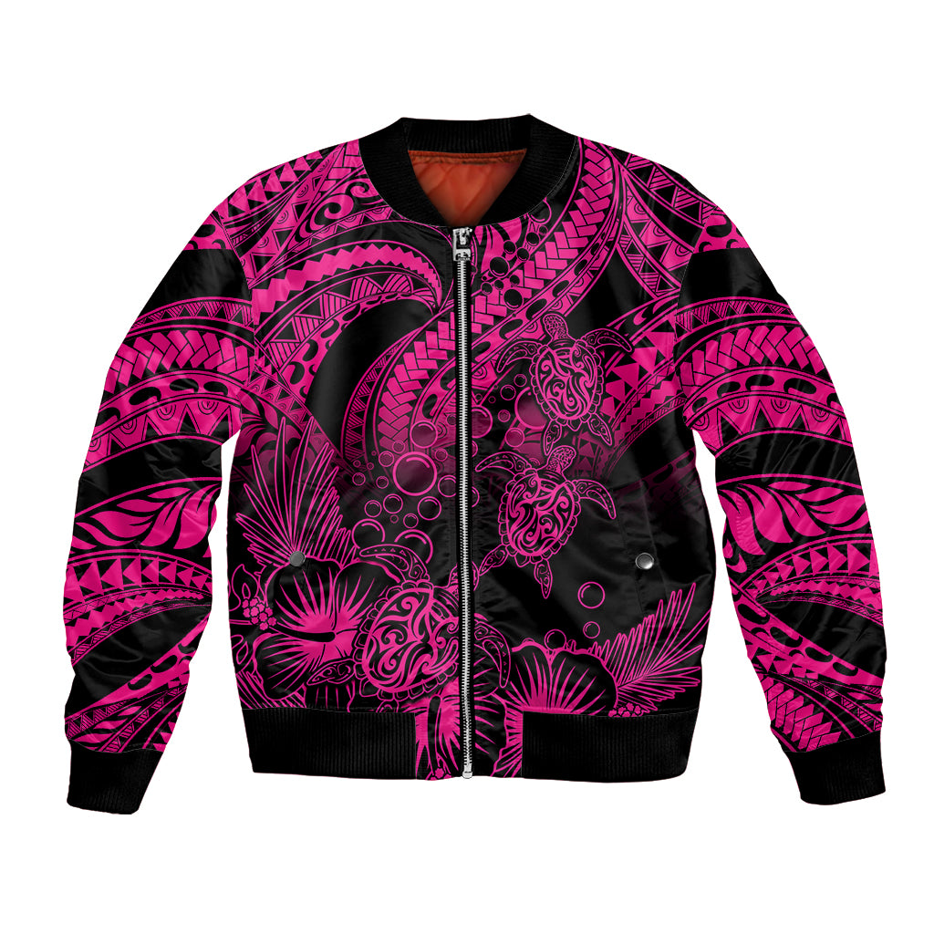 Personalised Polynesian Bomber Jacket Tribal Honu Turtle with Hibiscus Pink Version - Wonder Print Shop