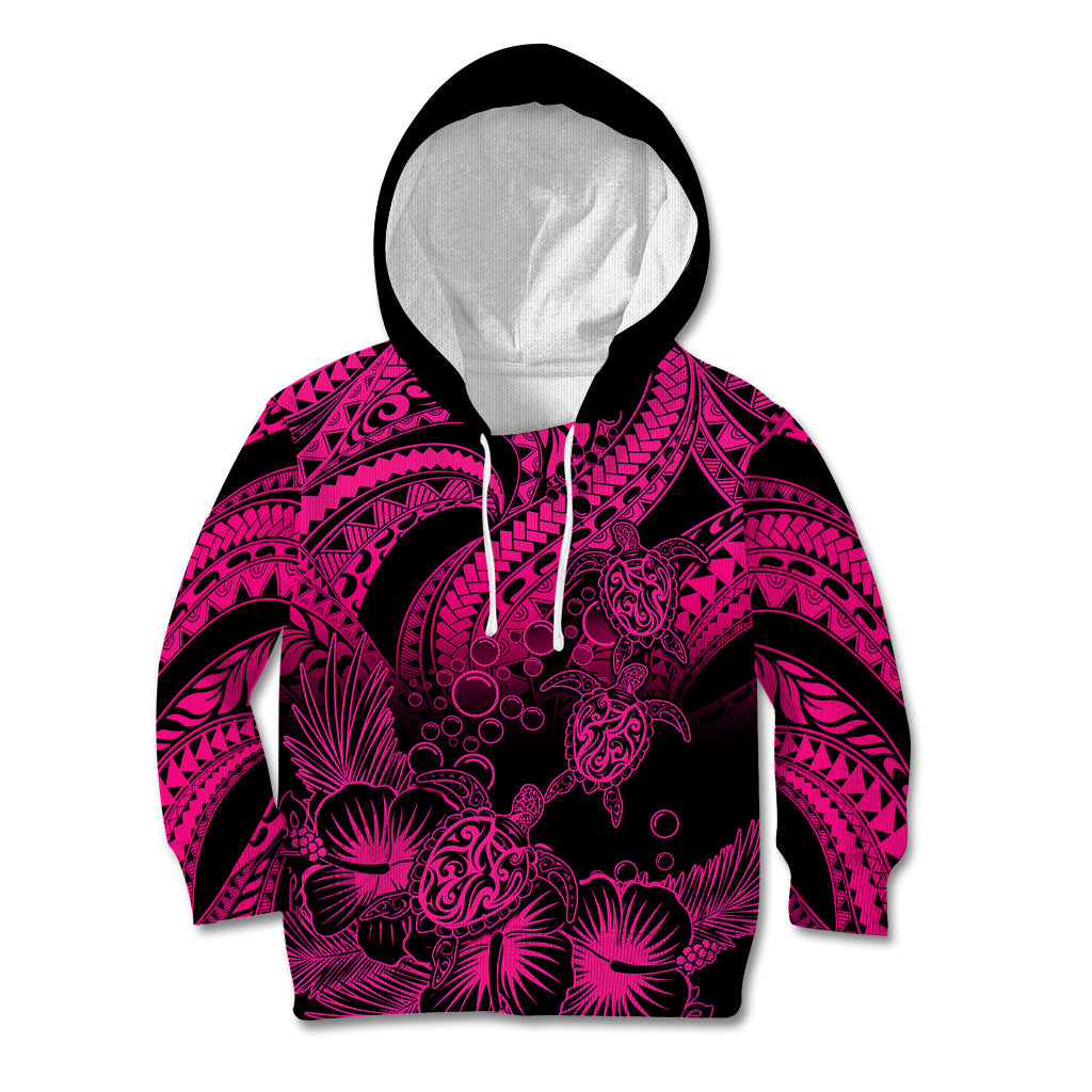 Personalised Polynesian Kid Hoodie Tribal Honu Turtle with Hibiscus Pink Version - Wonder Print Shop