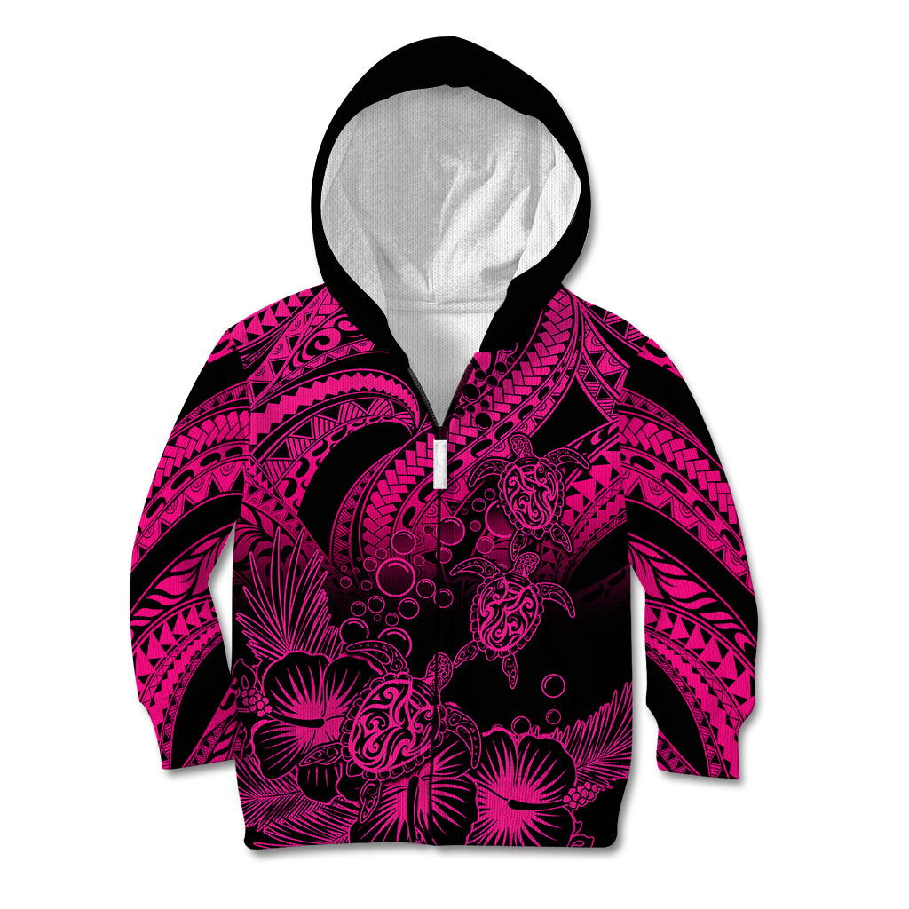Personalised Polynesian Kid Hoodie Tribal Honu Turtle with Hibiscus Pink Version - Wonder Print Shop