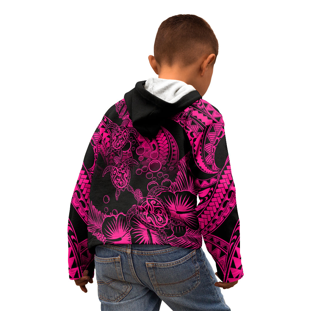 Personalised Polynesian Kid Hoodie Tribal Honu Turtle with Hibiscus Pink Version - Wonder Print Shop