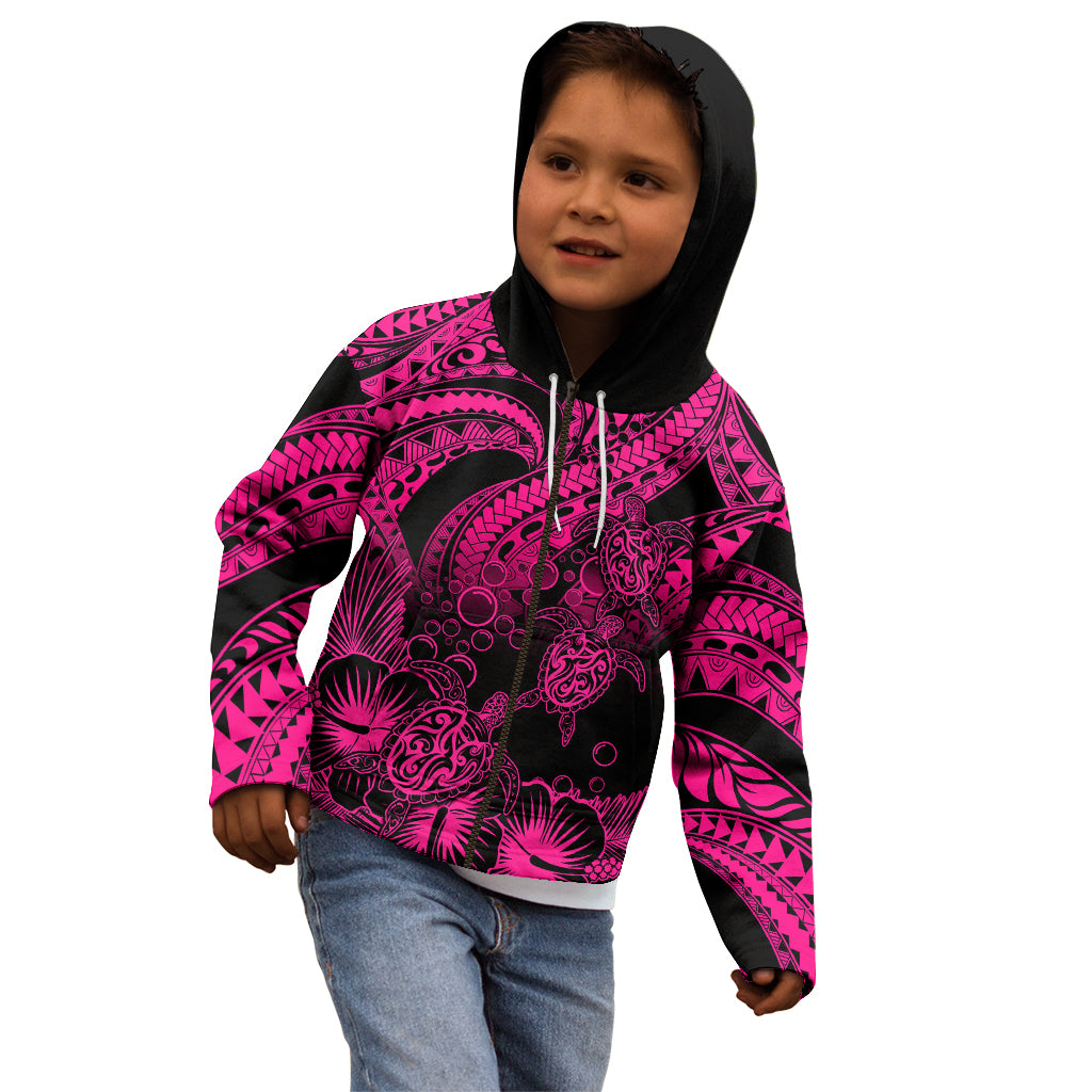 Personalised Polynesian Kid Hoodie Tribal Honu Turtle with Hibiscus Pink Version - Wonder Print Shop