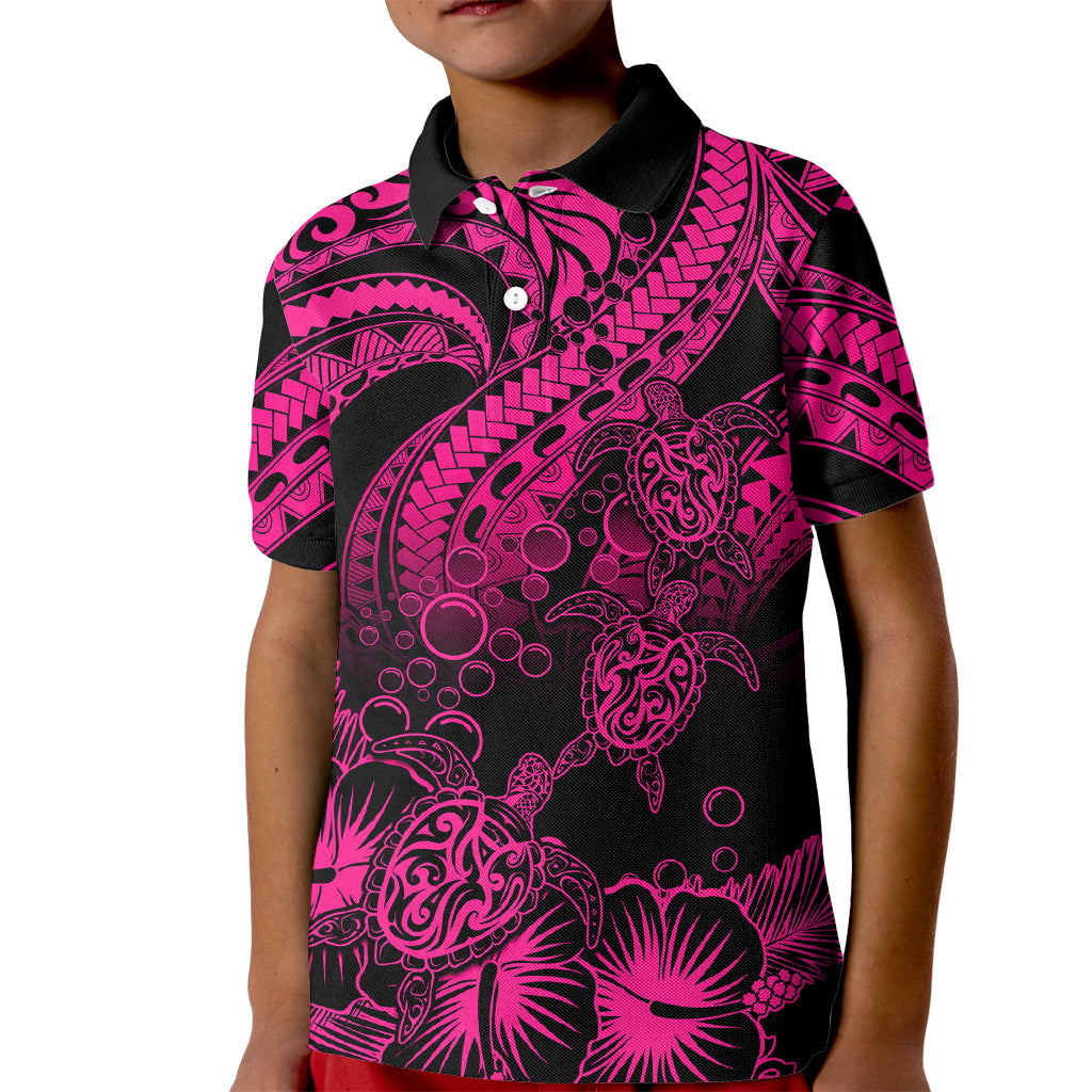 Custom Polynesian Polo Shirt for Kid Tribal Honu Turtle with Hibiscus Pink Version - Wonder Print Shop