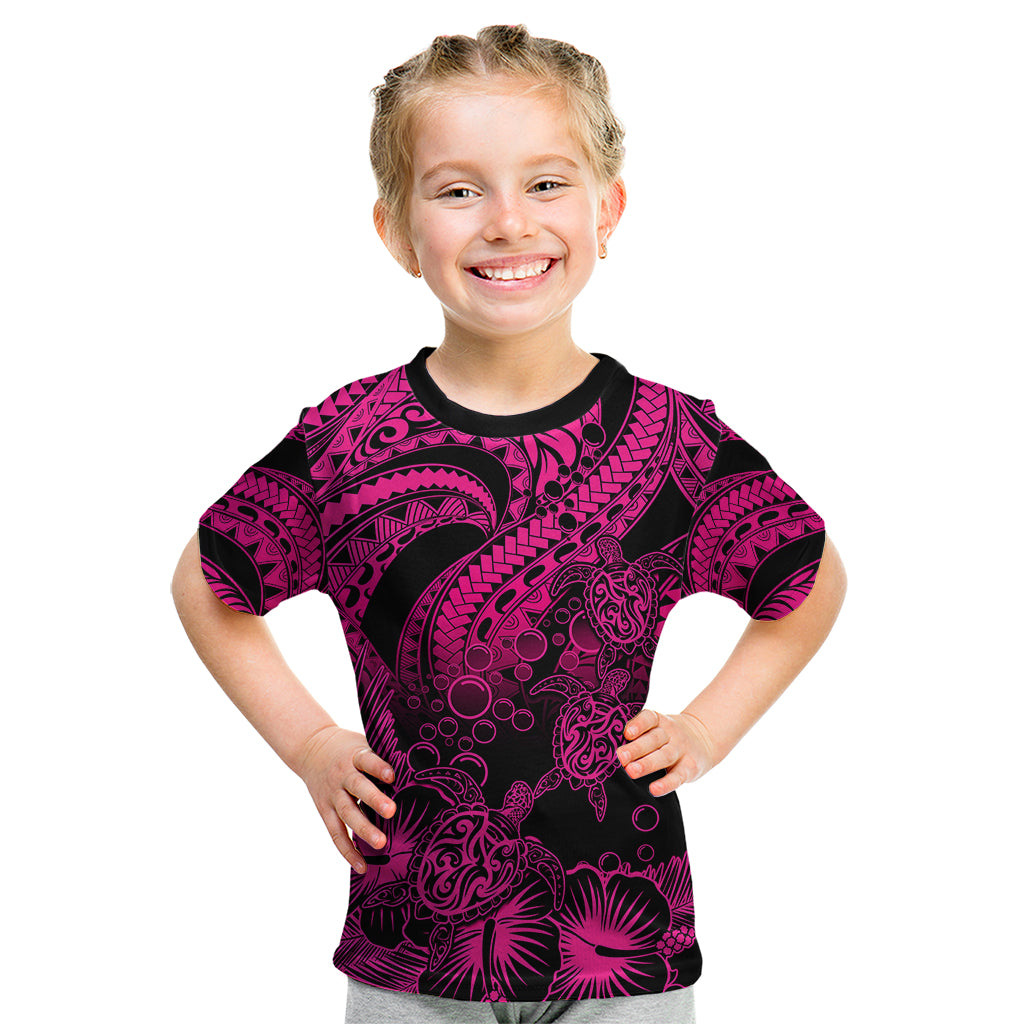 Personalised Polynesian Kid T Shirt Tribal Honu Turtle with Hibiscus Pink Version - Wonder Print Shop