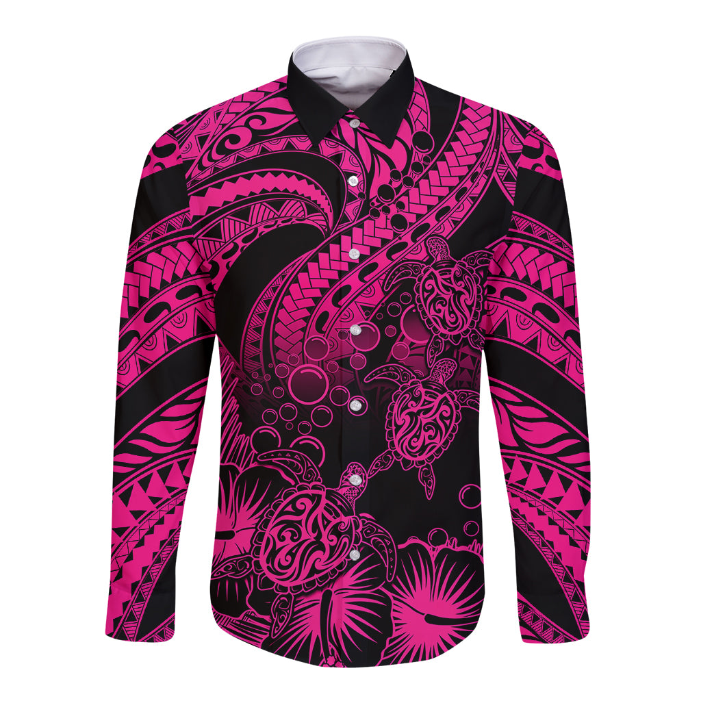 Personalised Polynesian Long Sleeve Button Shirt Tribal Honu Turtle with Hibiscus Pink Version - Wonder Print Shop