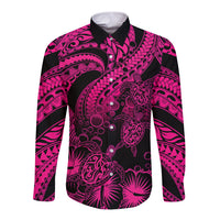Personalised Polynesian Long Sleeve Button Shirt Tribal Honu Turtle with Hibiscus Pink Version - Wonder Print Shop
