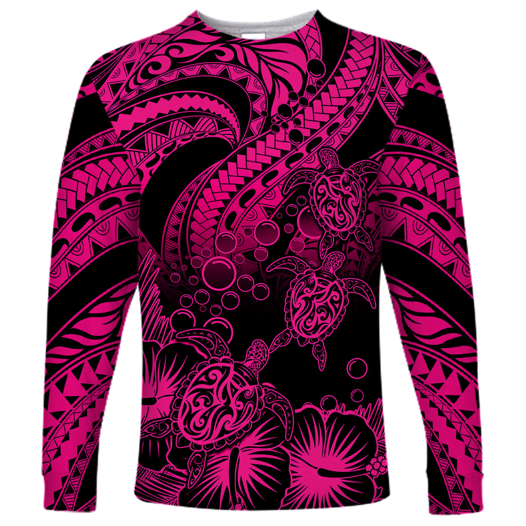 Personalised Polynesian Long Sleeve Shirt Tribal Honu Turtle with Hibiscus Pink Version - Wonder Print Shop