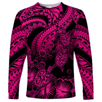 Personalised Polynesian Long Sleeve Shirt Tribal Honu Turtle with Hibiscus Pink Version - Wonder Print Shop