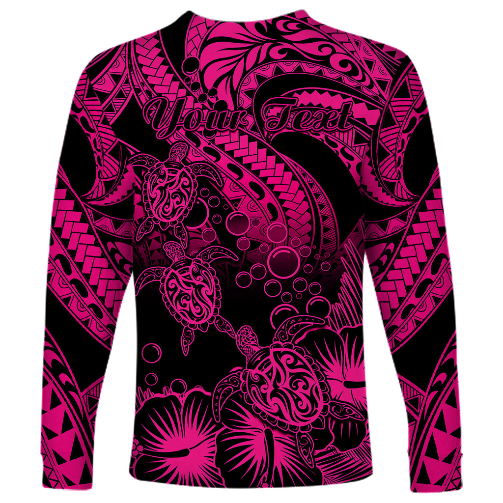Personalised Polynesian Long Sleeve Shirt Tribal Honu Turtle with Hibiscus Pink Version - Wonder Print Shop