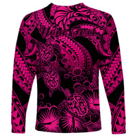 Personalised Polynesian Long Sleeve Shirt Tribal Honu Turtle with Hibiscus Pink Version - Wonder Print Shop