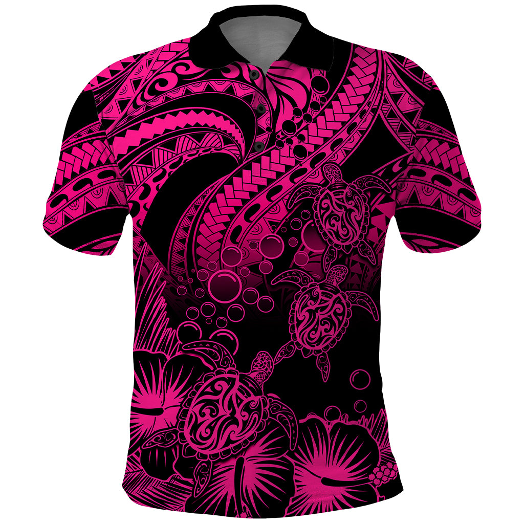 Custom Polynesian Polo Shirt Tribal Honu Turtle with Hibiscus Pink Version - Wonder Print Shop