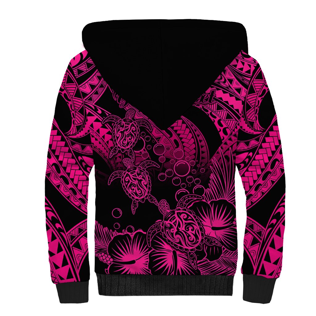 Personalised Polynesian Sherpa Hoodie Tribal Honu Turtle with Hibiscus Pink Version - Wonder Print Shop