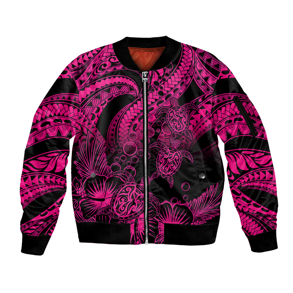 Personalised Polynesian Sleeve Zip Bomber Jacket Tribal Honu Turtle with Hibiscus Pink Version - Wonder Print Shop
