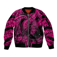 Personalised Polynesian Sleeve Zip Bomber Jacket Tribal Honu Turtle with Hibiscus Pink Version - Wonder Print Shop