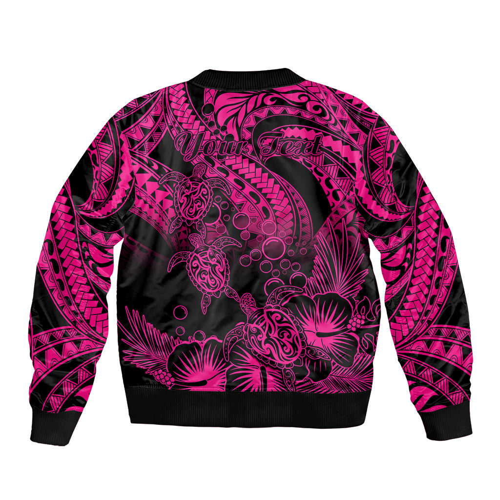 Personalised Polynesian Sleeve Zip Bomber Jacket Tribal Honu Turtle with Hibiscus Pink Version - Wonder Print Shop