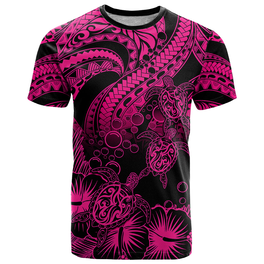 Personalised Polynesian T Shirt Tribal Honu Turtle with Hibiscus Pink Version - Wonder Print Shop