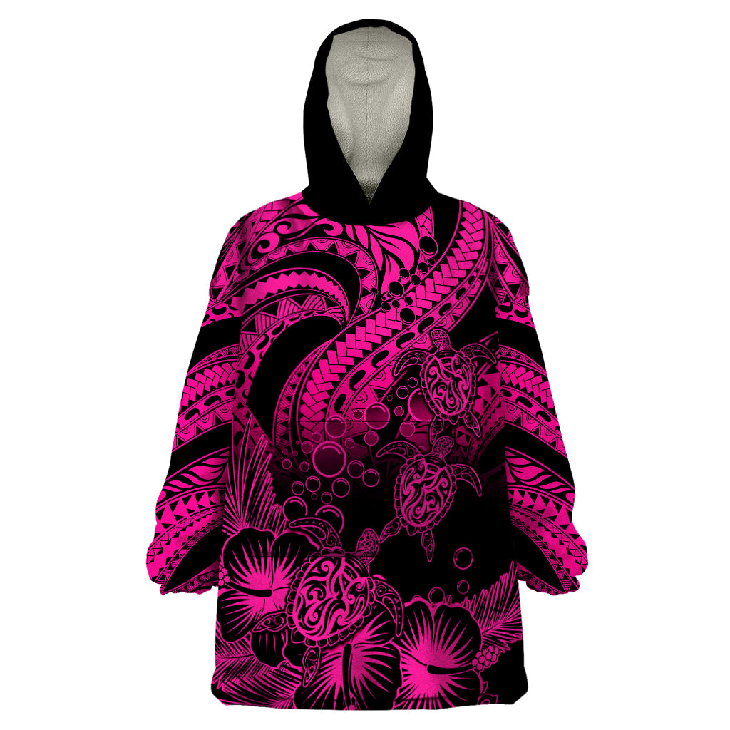 Personalised Polynesian Wearable Blanket Hoodie Tribal Honu Turtle with Hibiscus Pink Version - Wonder Print Shop