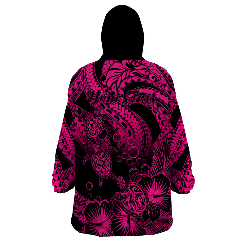 Personalised Polynesian Wearable Blanket Hoodie Tribal Honu Turtle with Hibiscus Pink Version - Wonder Print Shop