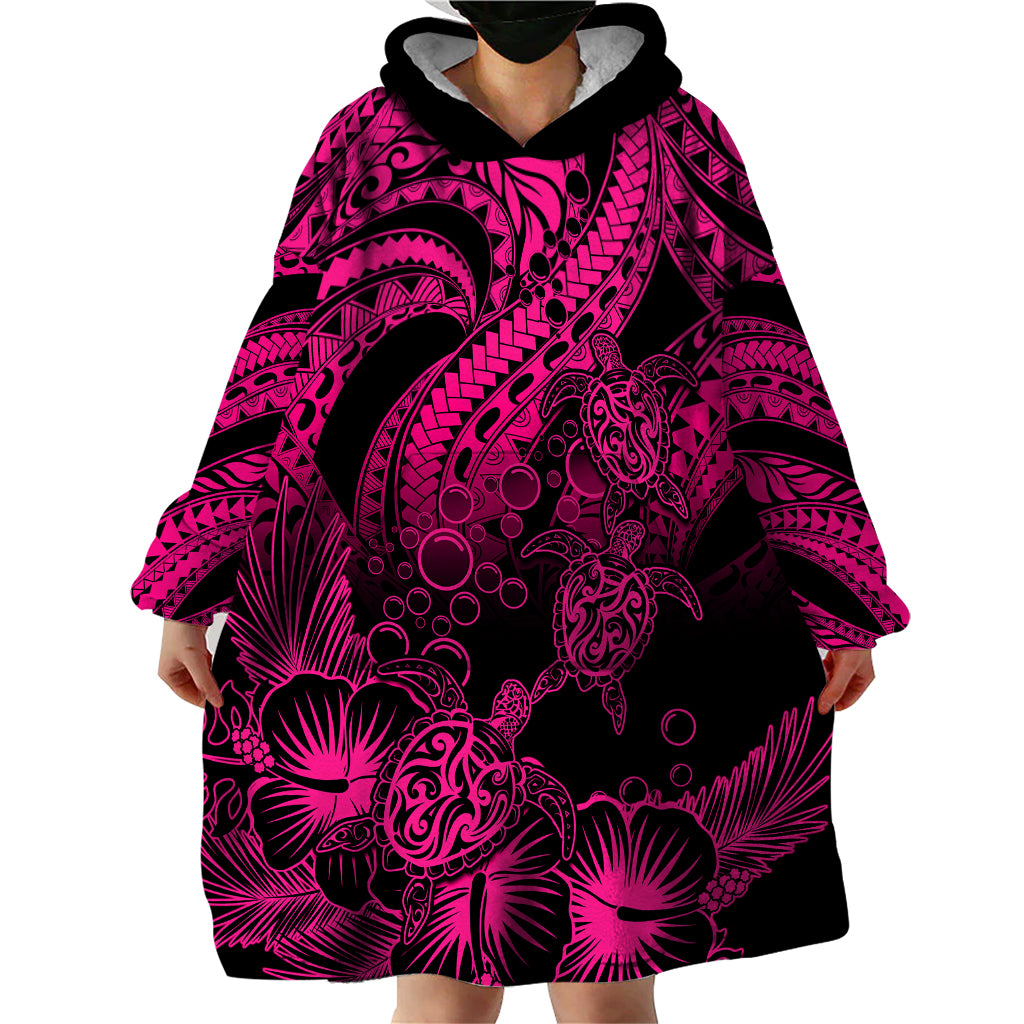 Personalised Polynesian Wearable Blanket Hoodie Tribal Honu Turtle with Hibiscus Pink Version - Wonder Print Shop