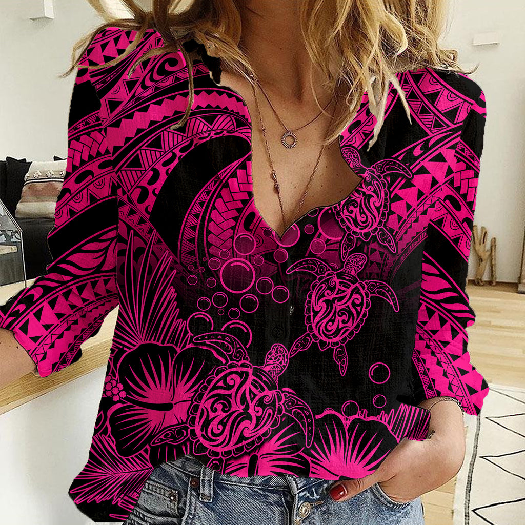 Personalised Polynesian Women Casual Shirt Tribal Honu Turtle with Hibiscus Pink Version - Wonder Print Shop