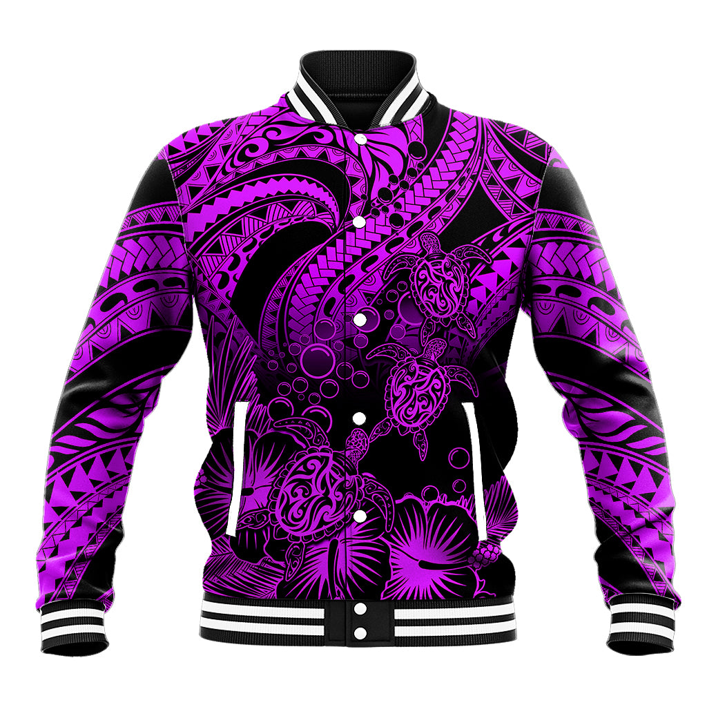 Personalised Polynesian Baseball Jacket Tribal Honu Turtle with Hibiscus Purple Version - Wonder Print Shop