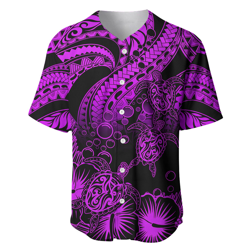 Personalised Polynesian Baseball Jersey Tribal Honu Turtle with Hibiscus Purple Version - Wonder Print Shop