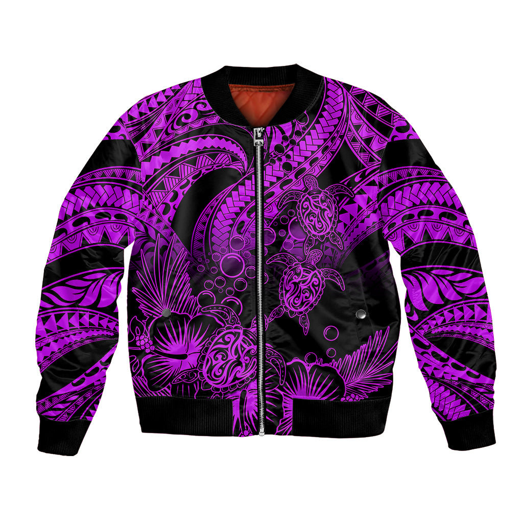 Personalised Polynesian Bomber Jacket Tribal Honu Turtle with Hibiscus Purple Version - Wonder Print Shop