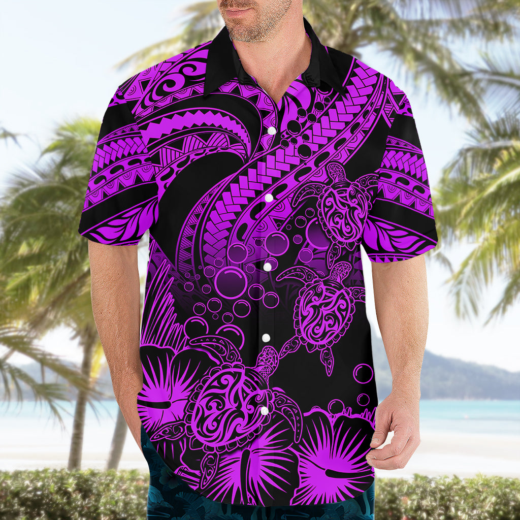Personalised Polynesian Hawaiian Shirt Tribal Honu Turtle with Hibiscus Purple Version - Wonder Print Shop
