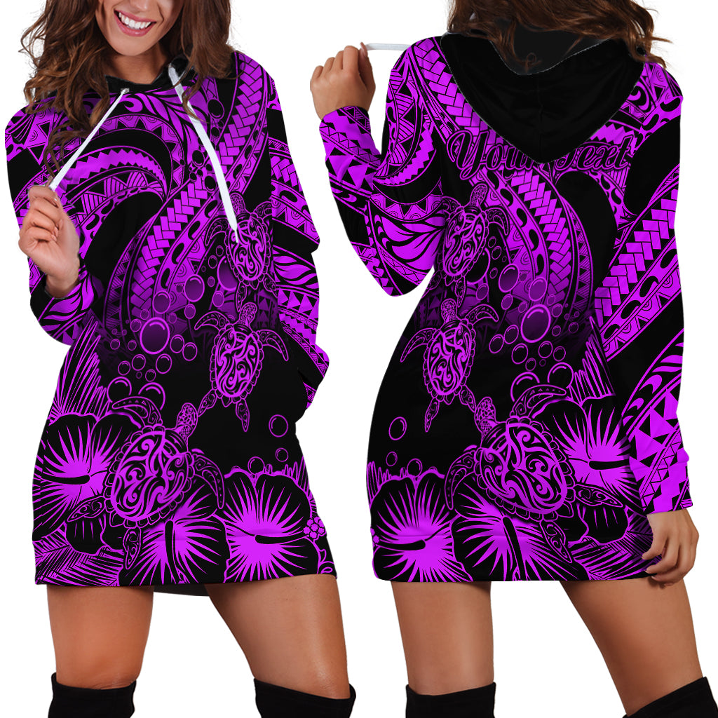 Personalised Polynesian Hoodie Dress Tribal Honu Turtle with Hibiscus Purple Version - Wonder Print Shop