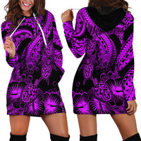 Personalised Polynesian Hoodie Dress Tribal Honu Turtle with Hibiscus Purple Version - Wonder Print Shop