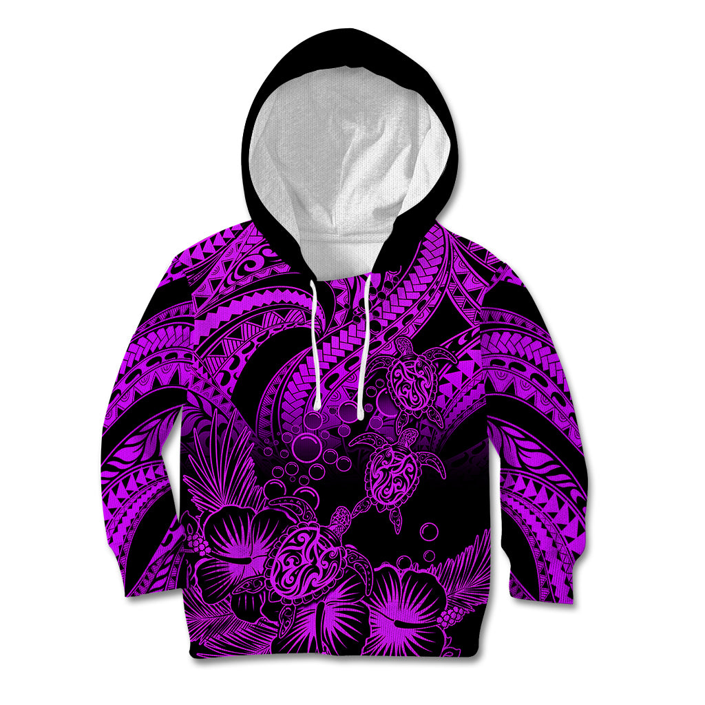 Personalised Polynesian Kid Hoodie Tribal Honu Turtle with Hibiscus Purple Version - Wonder Print Shop