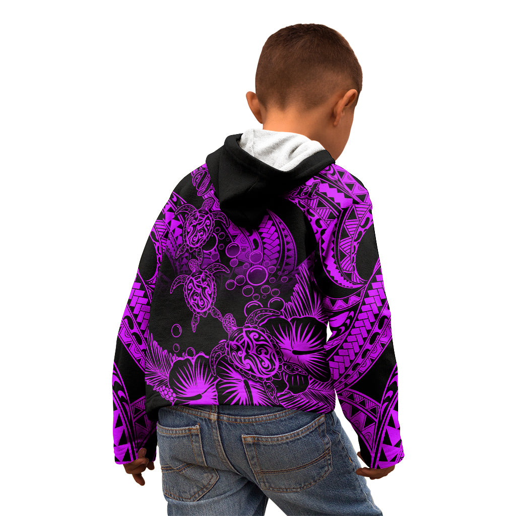 Personalised Polynesian Kid Hoodie Tribal Honu Turtle with Hibiscus Purple Version - Wonder Print Shop