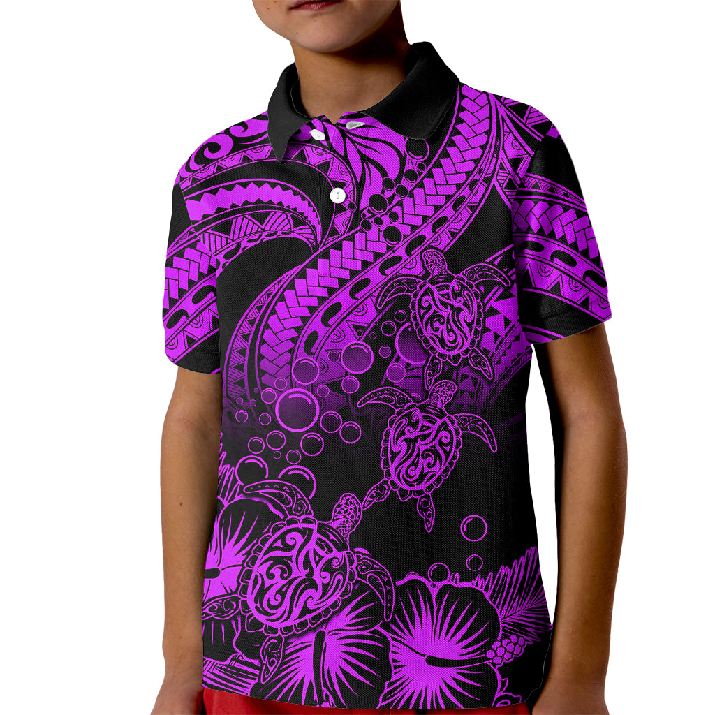 Custom Polynesian Polo Shirt for Kid Tribal Honu Turtle with Hibiscus Purple Version - Wonder Print Shop