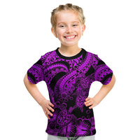 Personalised Polynesian Kid T Shirt Tribal Honu Turtle with Hibiscus Purple Version - Wonder Print Shop