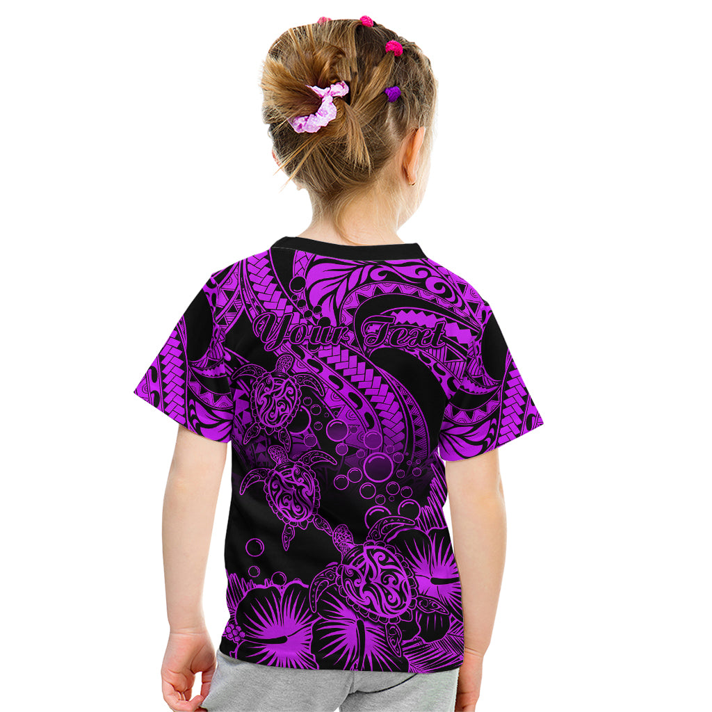 Personalised Polynesian Kid T Shirt Tribal Honu Turtle with Hibiscus Purple Version - Wonder Print Shop