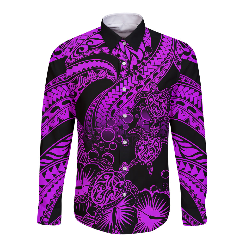 Personalised Polynesian Long Sleeve Button Shirt Tribal Honu Turtle with Hibiscus Purple Version - Wonder Print Shop