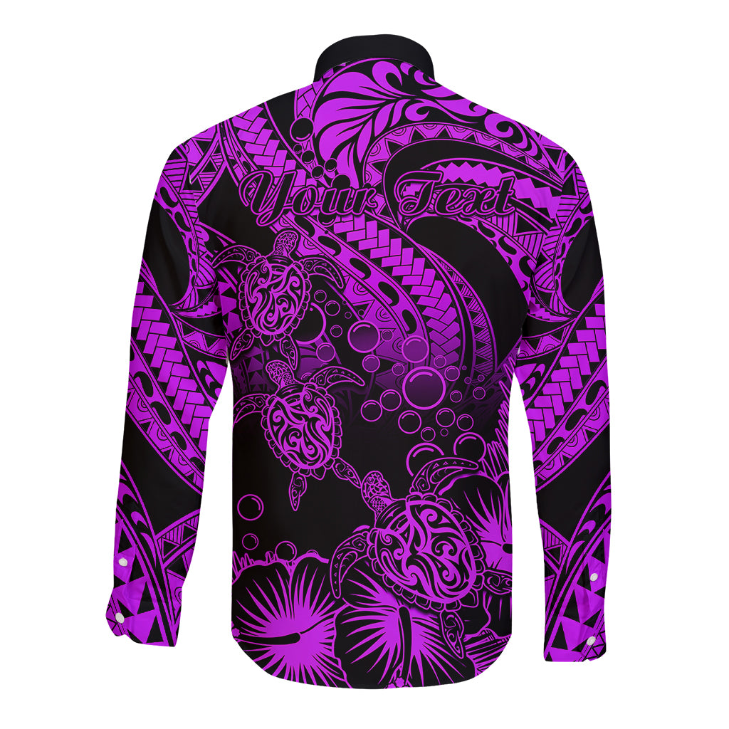 Personalised Polynesian Long Sleeve Button Shirt Tribal Honu Turtle with Hibiscus Purple Version - Wonder Print Shop