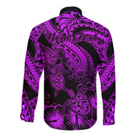 Personalised Polynesian Long Sleeve Button Shirt Tribal Honu Turtle with Hibiscus Purple Version - Wonder Print Shop
