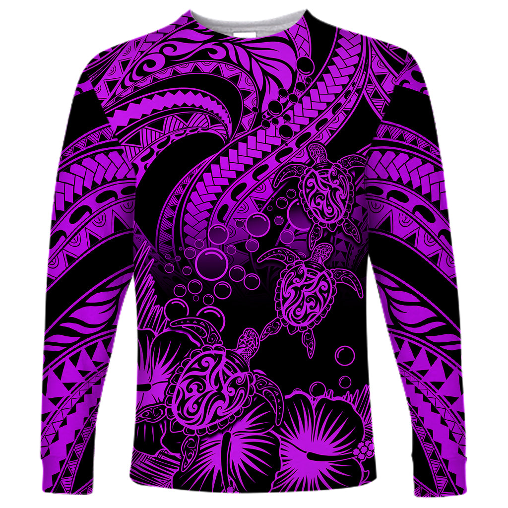 Personalised Polynesian Long Sleeve Shirt Tribal Honu Turtle with Hibiscus Purple Version - Wonder Print Shop