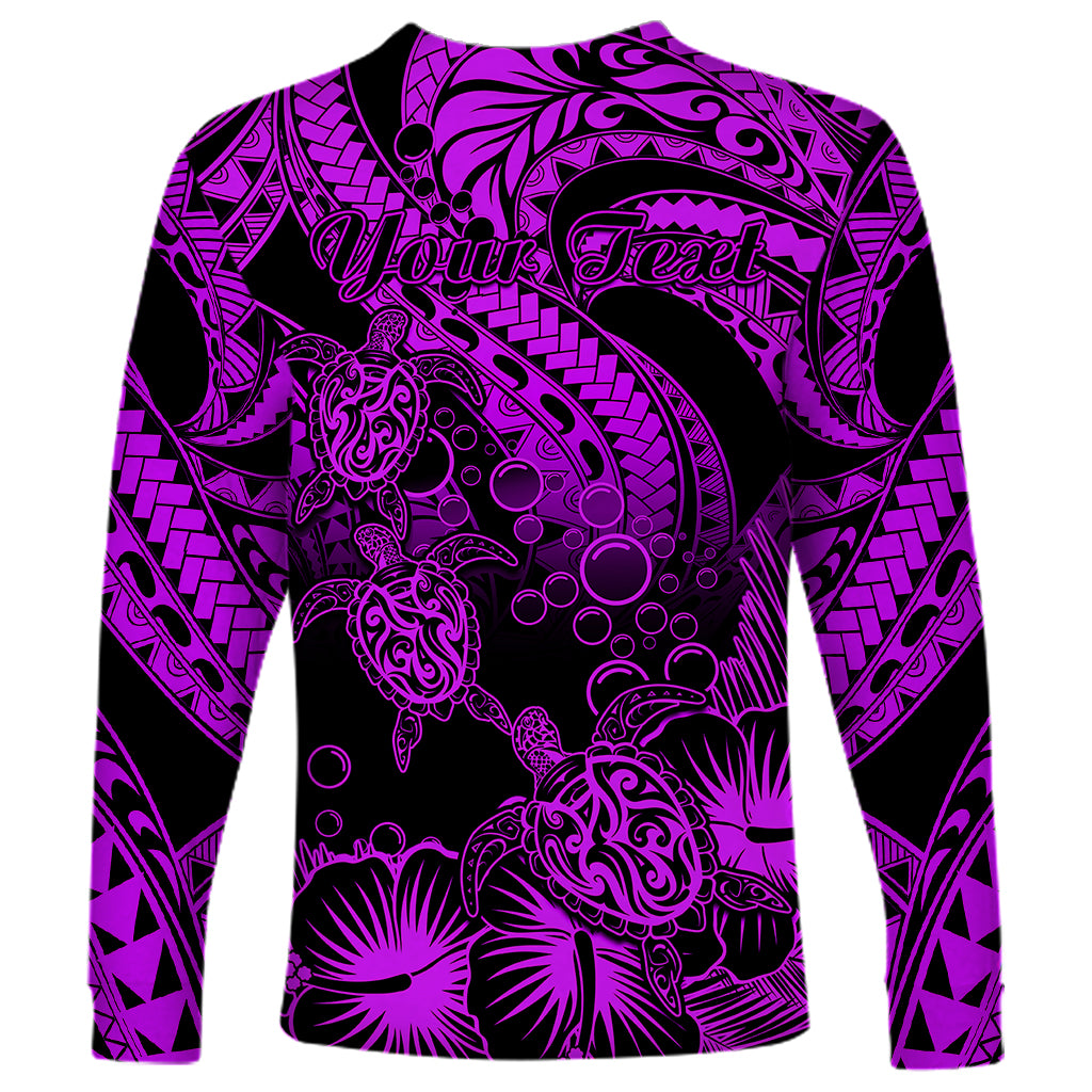 Personalised Polynesian Long Sleeve Shirt Tribal Honu Turtle with Hibiscus Purple Version - Wonder Print Shop