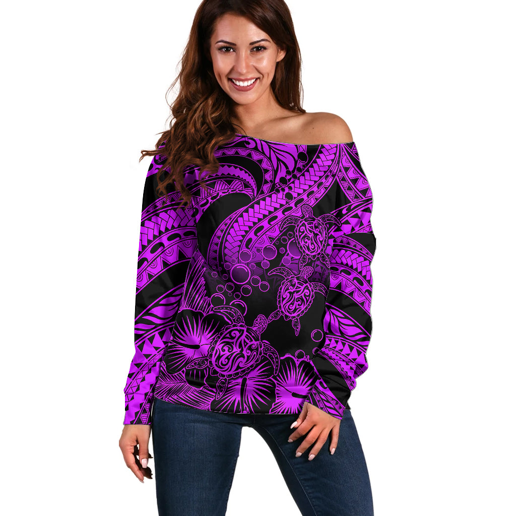 Personalised Polynesian Off Shoulder Sweater Tribal Honu Turtle with Hibiscus Purple Version - Wonder Print Shop