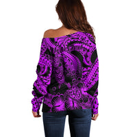 Personalised Polynesian Off Shoulder Sweater Tribal Honu Turtle with Hibiscus Purple Version - Wonder Print Shop